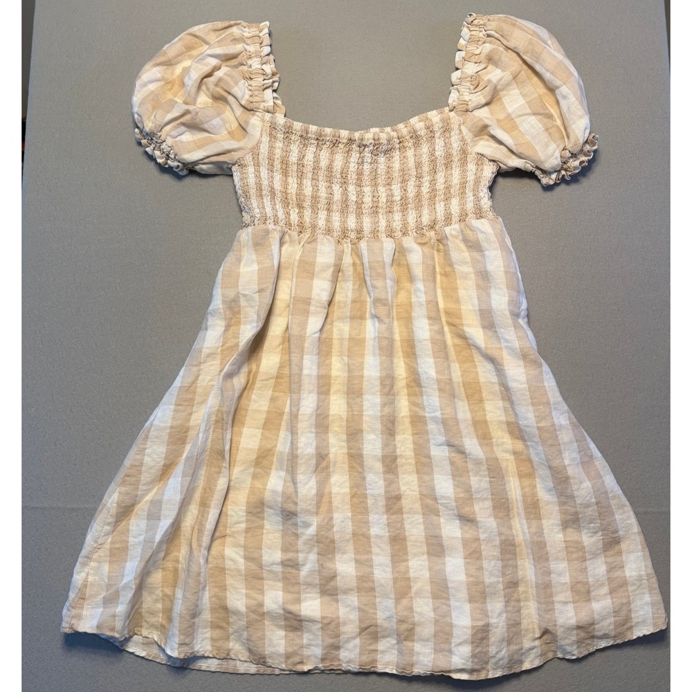 House of Harlow Gingham Smocked Mini Dress Tan White Puff Sleeve Women Large